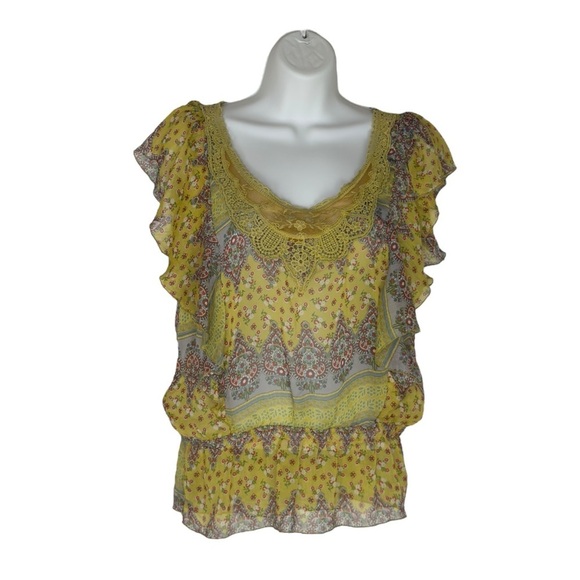 Isabella Rodriguez Yellow Floral Lace Ruffled Short Sleeve Blouse Top Small - Picture 2 of 11